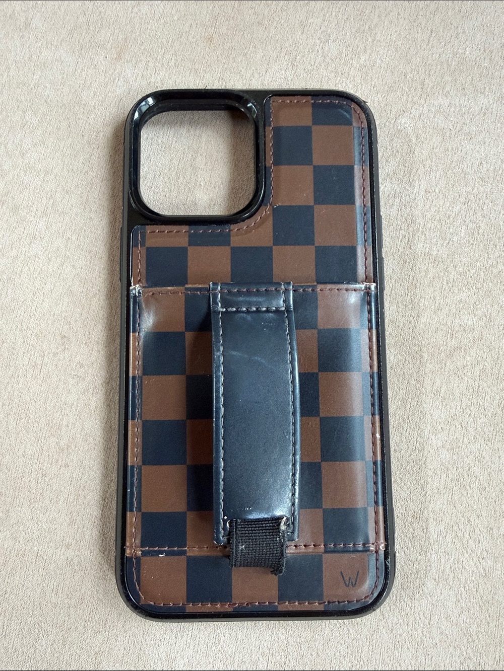 Walli iPhone 13 Pro Max Brown Checkered Phone Case with Wallet & Hand Strap